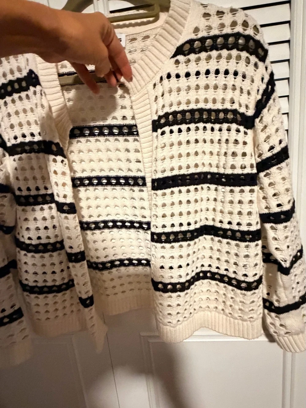 DKNY Striped Openwork Cardigan - Eggnog & Black